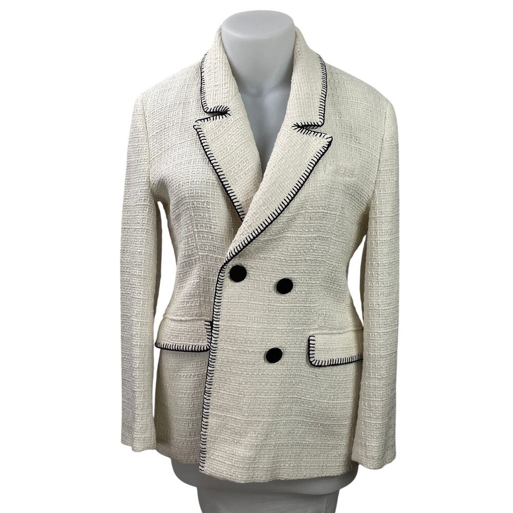 Zara Women's White Textured Tweed Double Breasted Blazer Coat jacket Size XL